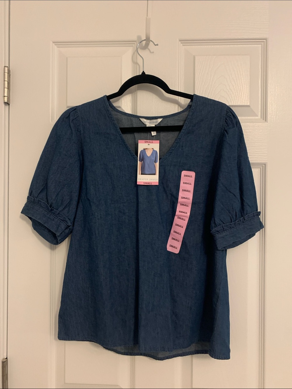 Draper James Indigo V-Neck Puff Sleeve Blouse